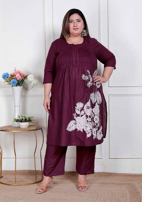 Wine Floral Cotton Kurta Set