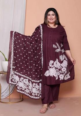 Wine Floral Cotton Kurta Set