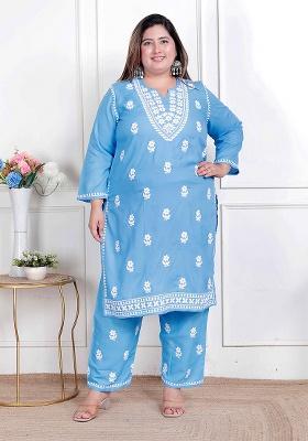 Blue Embroidery Cotton Kurta Set