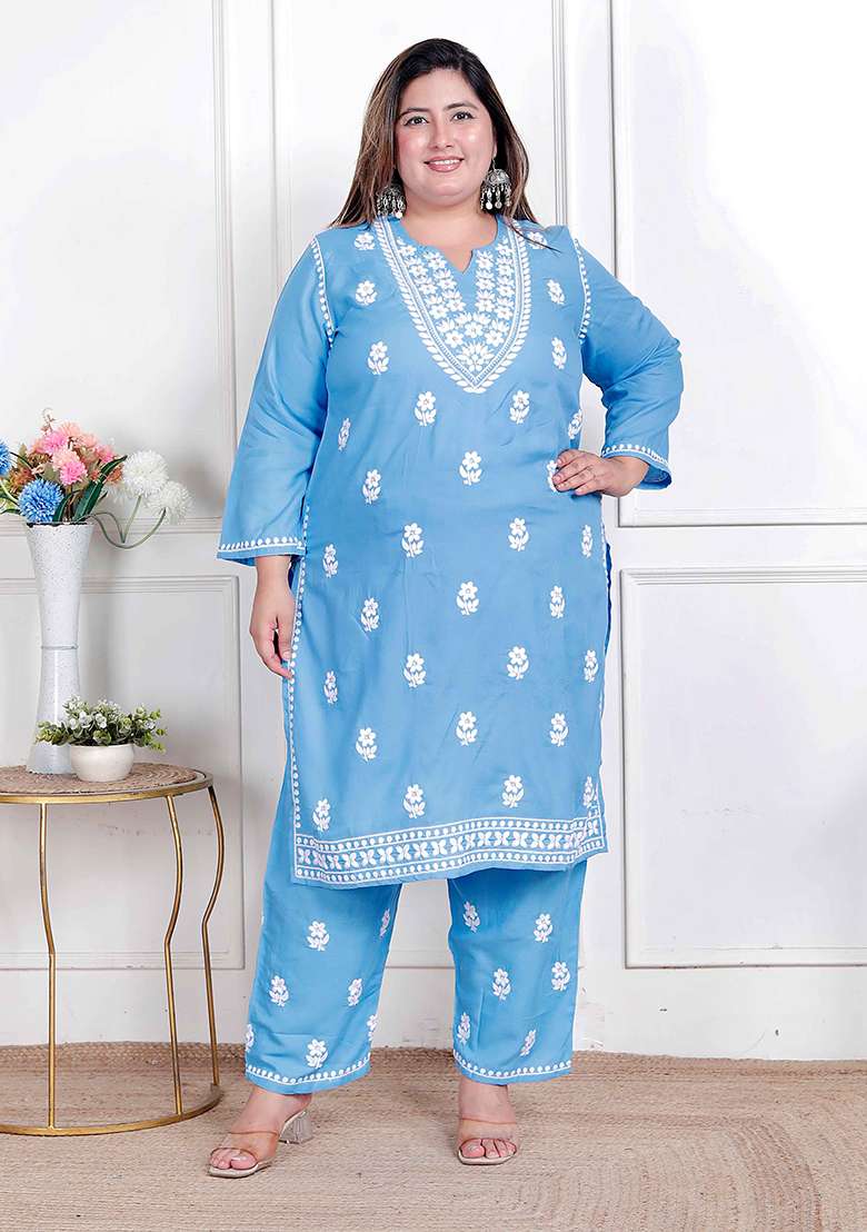 Blue Chikankari Cotton Straight Kurta Set - Indya