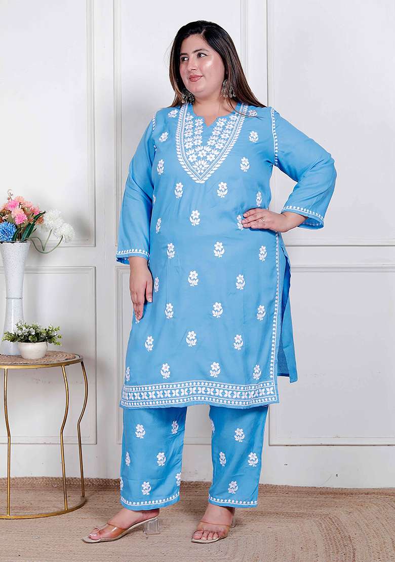 Blue Chikankari Cotton Straight Kurta Set - Indya