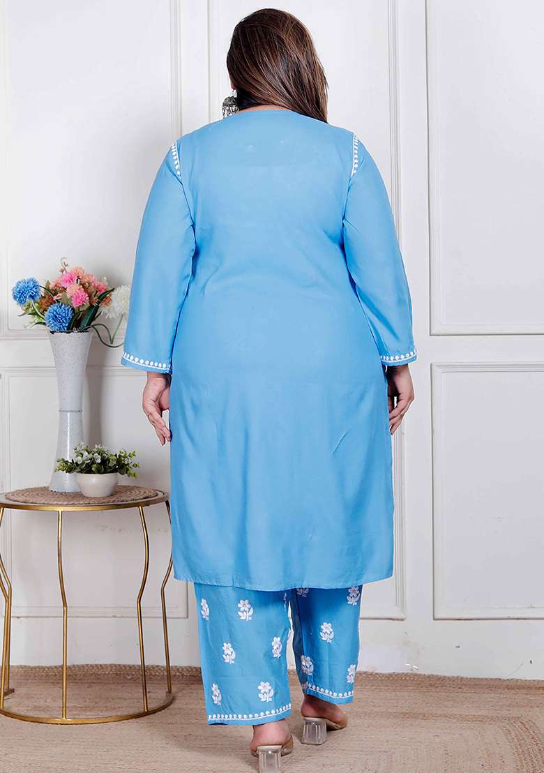 Blue Chikankari Cotton Straight Kurta Set - Indya