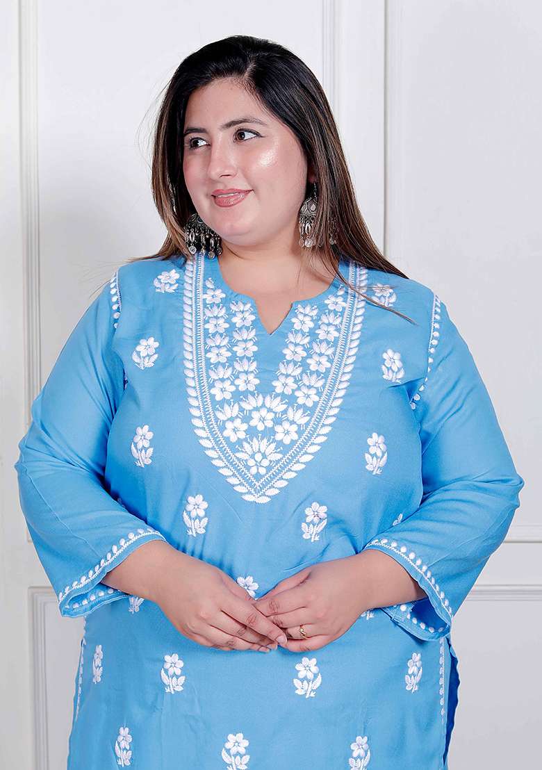 Blue Chikankari Cotton Straight Kurta Set - Indya