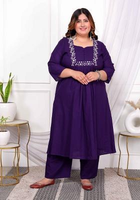 Purple Embroidery Cotton Kurta Set