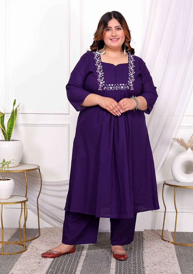 Purple Embroidered Cotton A Line Kurta Set - Indya