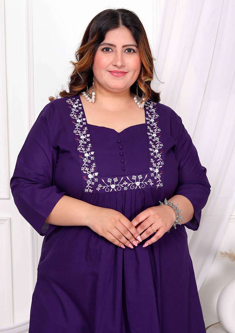 Purple Embroidered Cotton A Line Kurta Set - Indya