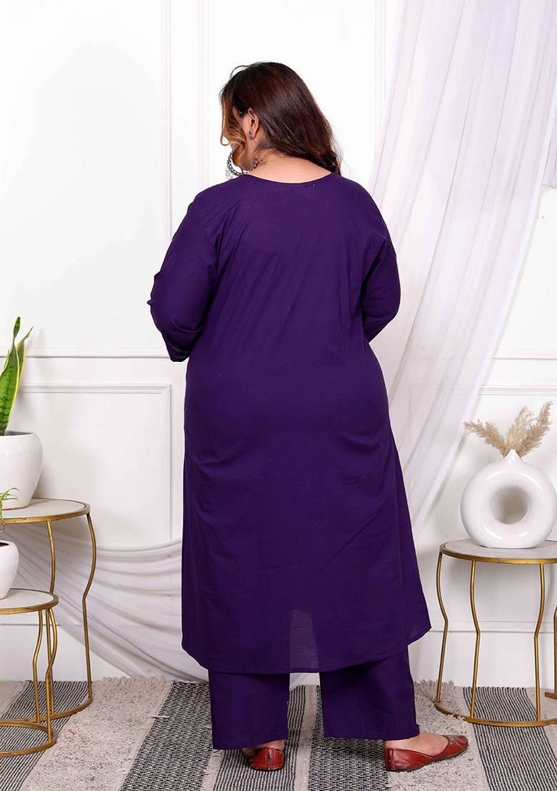 Purple Embroidered Cotton A Line Kurta Set - Indya