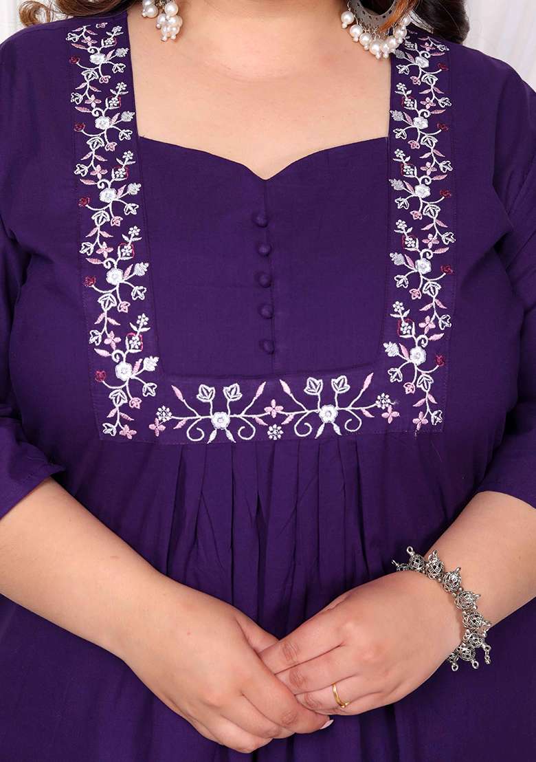 Purple Embroidered Cotton A Line Kurta Set - Indya