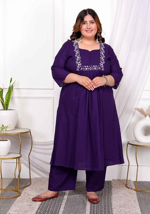 Purple Embroidery Cotton Kurta Set