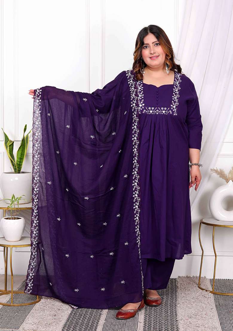 Purple Embroidered Cotton A Line Kurta Set - Indya