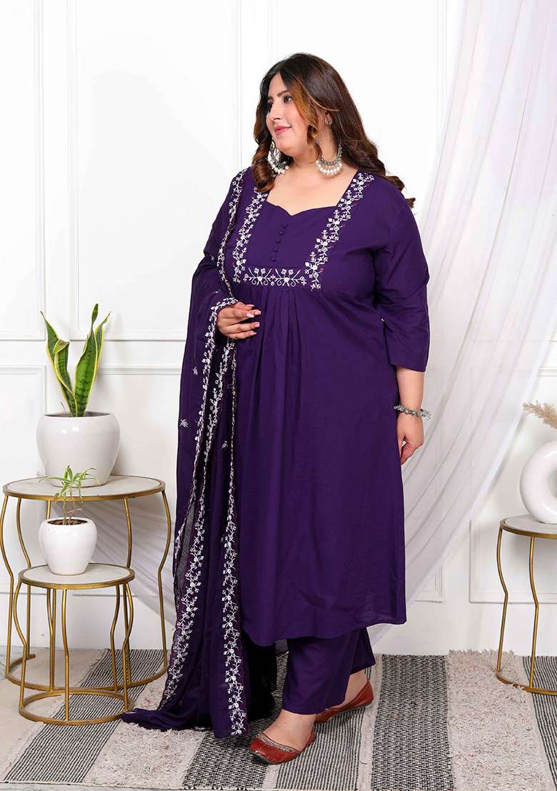 Purple Embroidered Cotton A Line Kurta Set - Indya