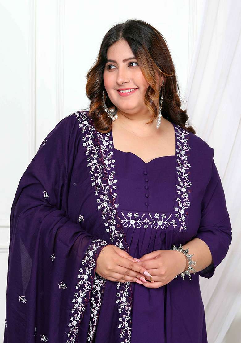 Purple Embroidered Cotton A Line Kurta Set - Indya