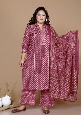 Pink Printed Cotton Straight Kurta Set