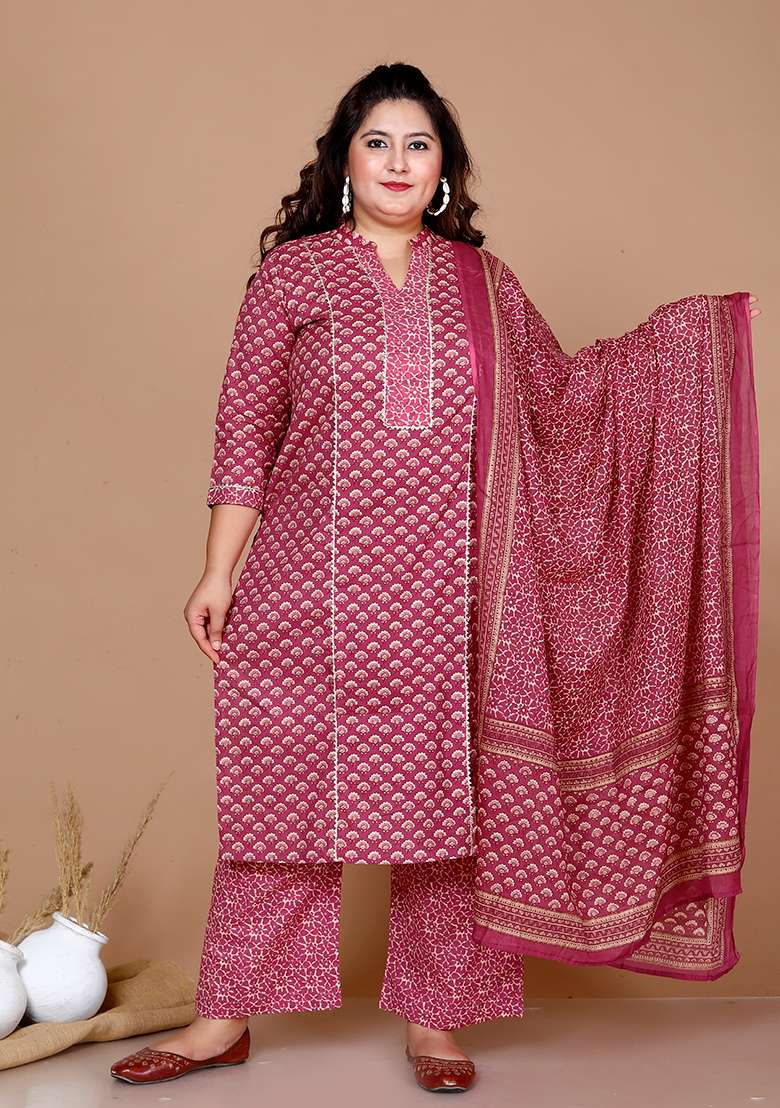 Pink Printed Cotton Straight Kurta Set - Indya