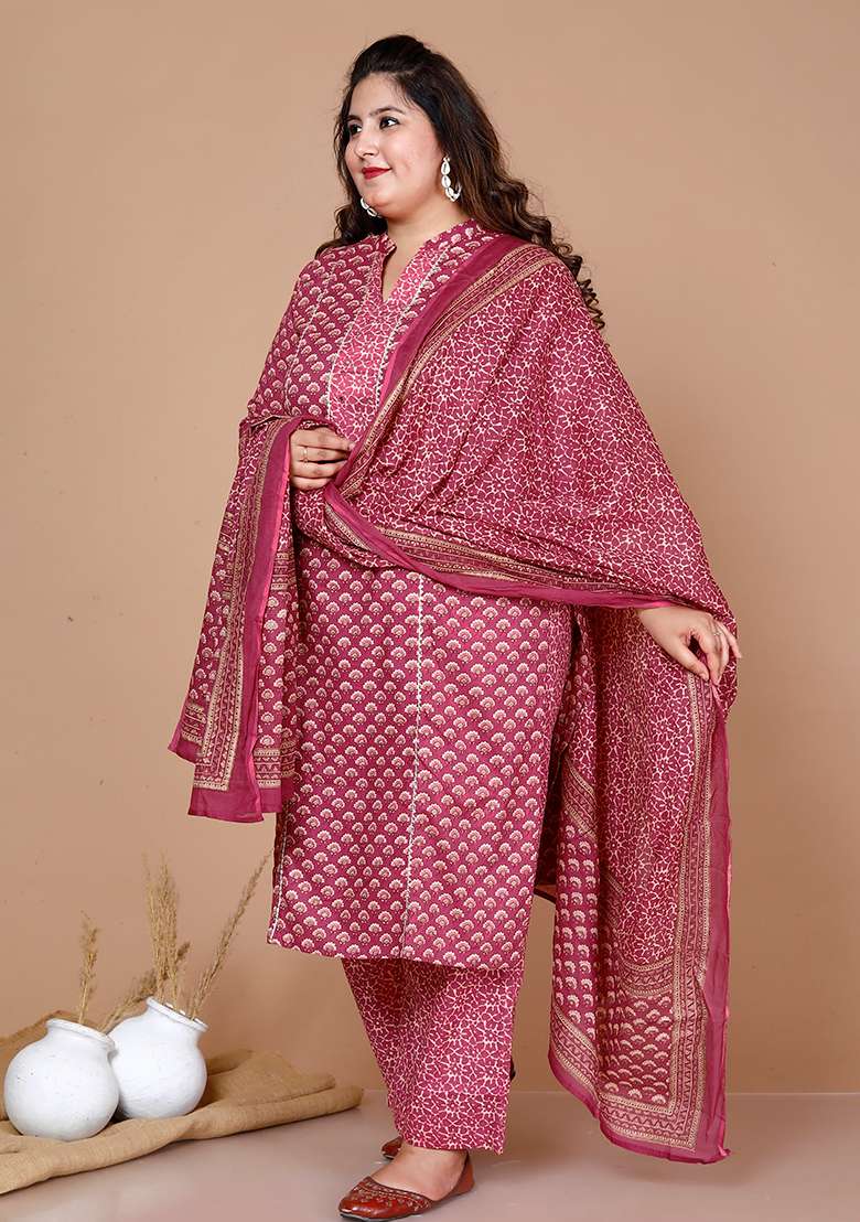 Pink Printed Cotton Straight Kurta Set - Indya