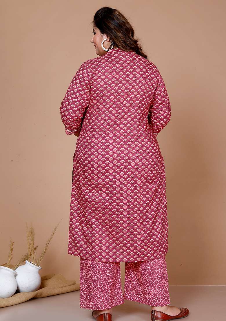 Pink Printed Cotton Straight Kurta Set - Indya
