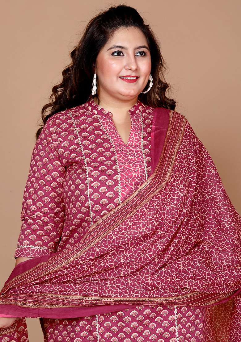 Pink Printed Cotton Straight Kurta Set - Indya