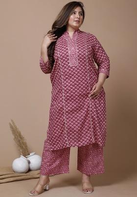 Pink Printed Cotton Straight Kurta Set