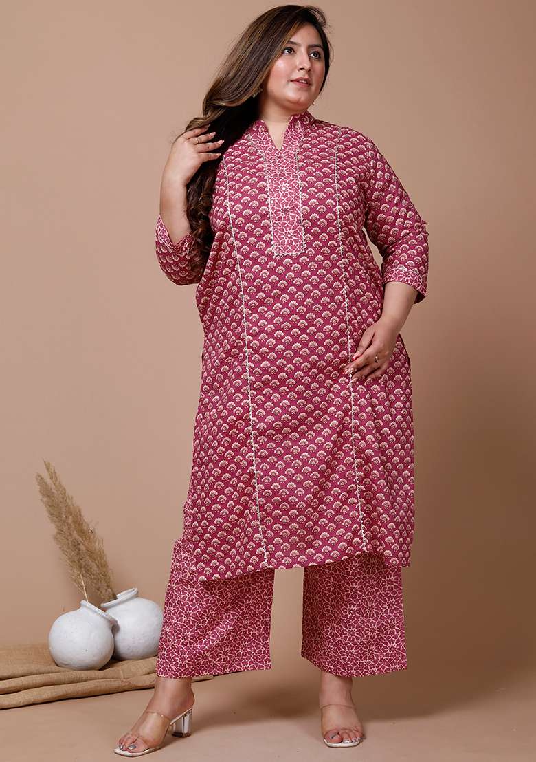 Pink Printed Cotton Straight Kurta Set - Indya