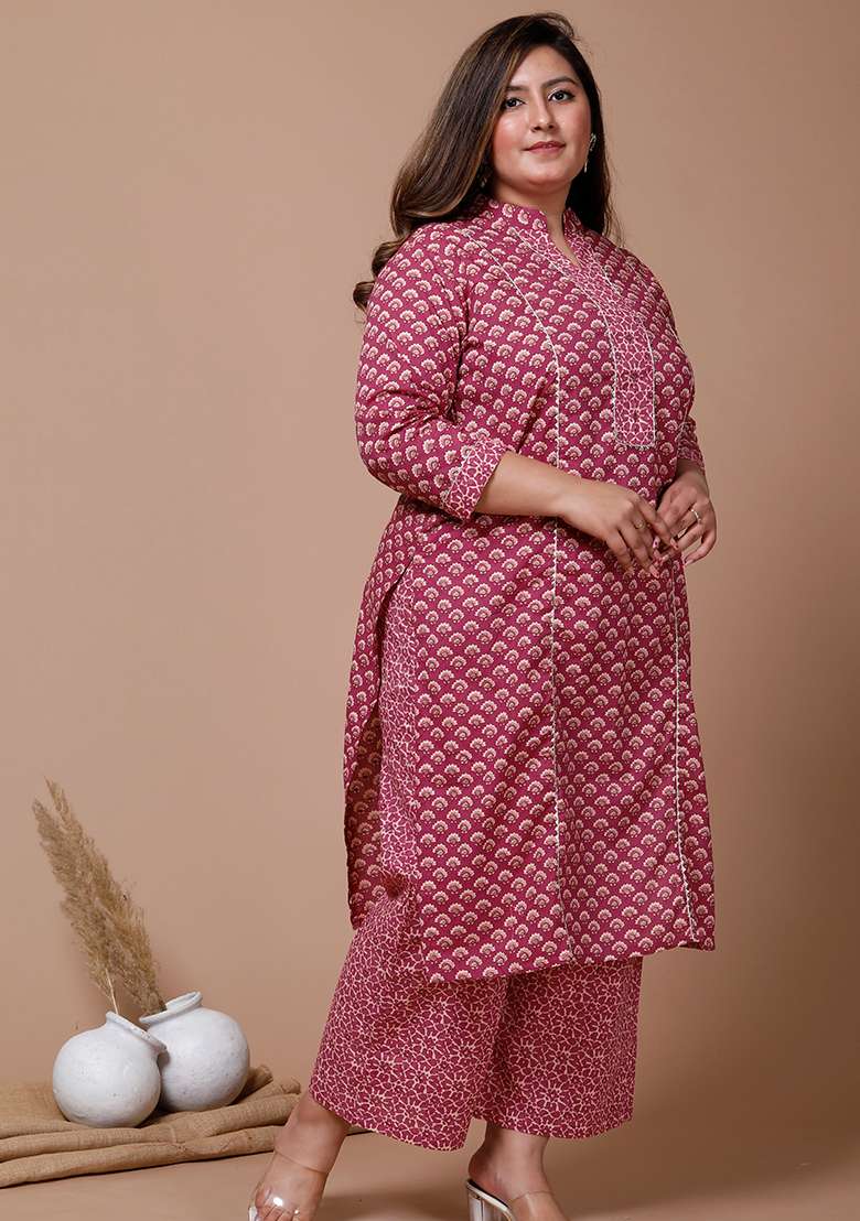 Pink Printed Cotton Straight Kurta Set - Indya