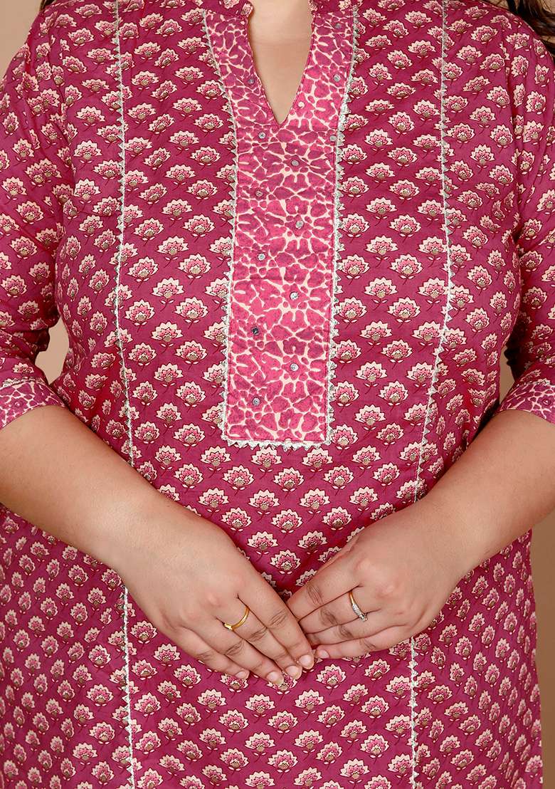 Pink Printed Cotton Straight Kurta Set - Indya