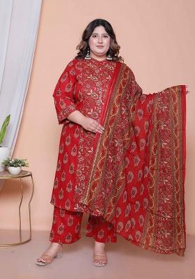 maroon Floral Print And Hand Work Cotton Kurta Set