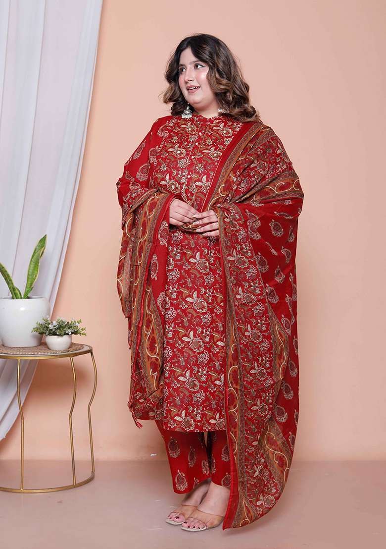 Maroon Printed Cotton Straight Kurta Set - Indya