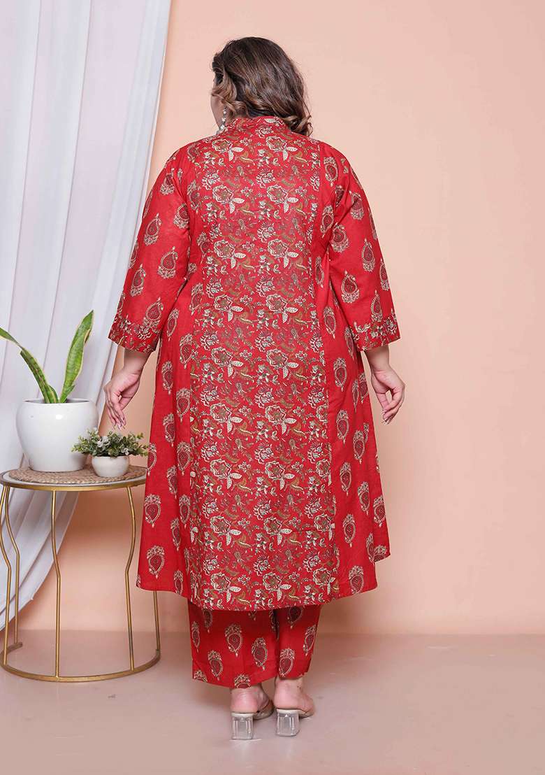 Maroon Printed Cotton Straight Kurta Set - Indya