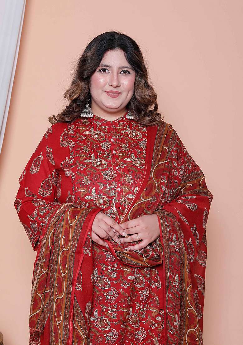 Maroon Printed Cotton Straight Kurta Set - Indya