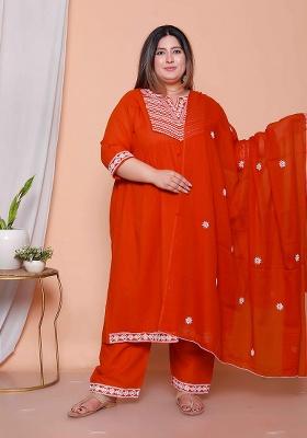 Rust Embroidery Cotton Kurta Set