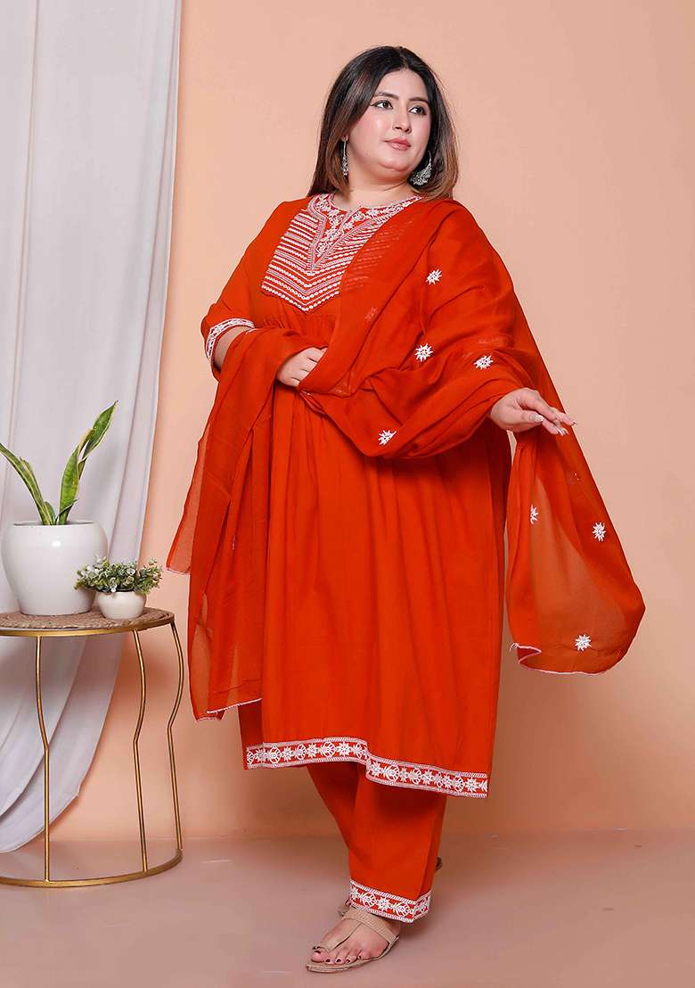 Rust Embroidered Cotton Straight Kurta Set - Indya
