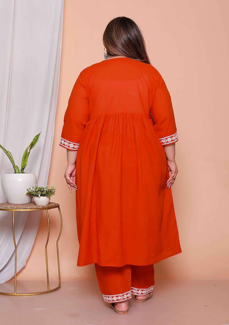 Rust Embroidered Cotton Straight Kurta Set - Indya