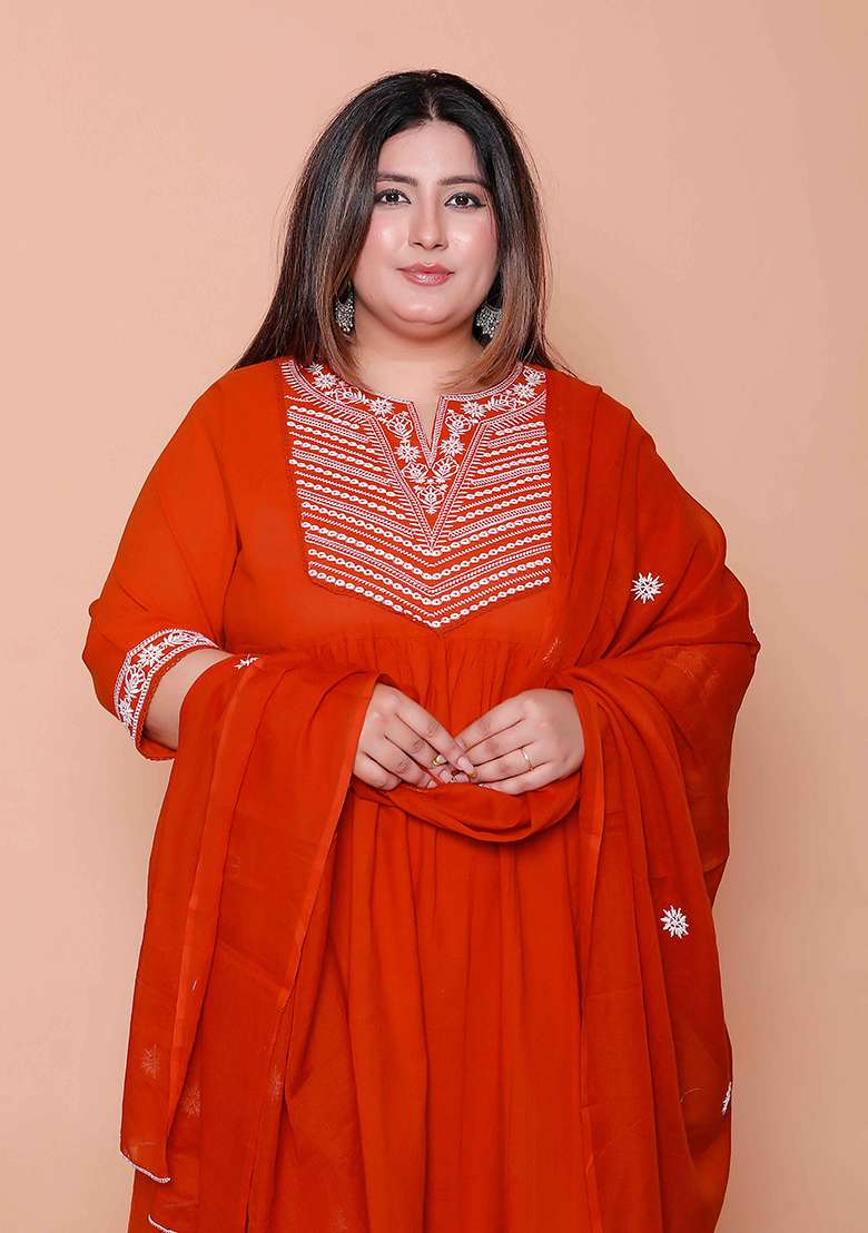 Rust Embroidered Cotton Straight Kurta Set - Indya