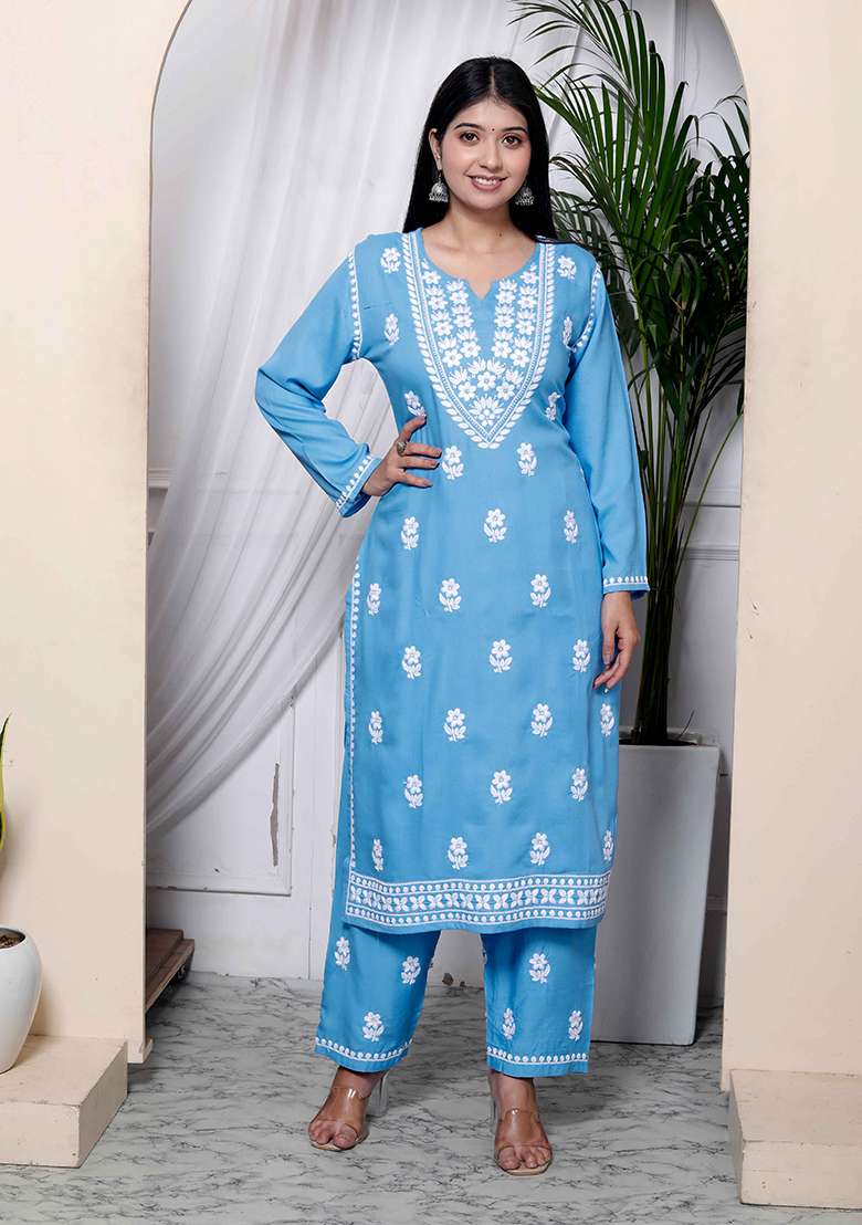 Blue Chikankari Cotton Straight Kurta Set - Indya