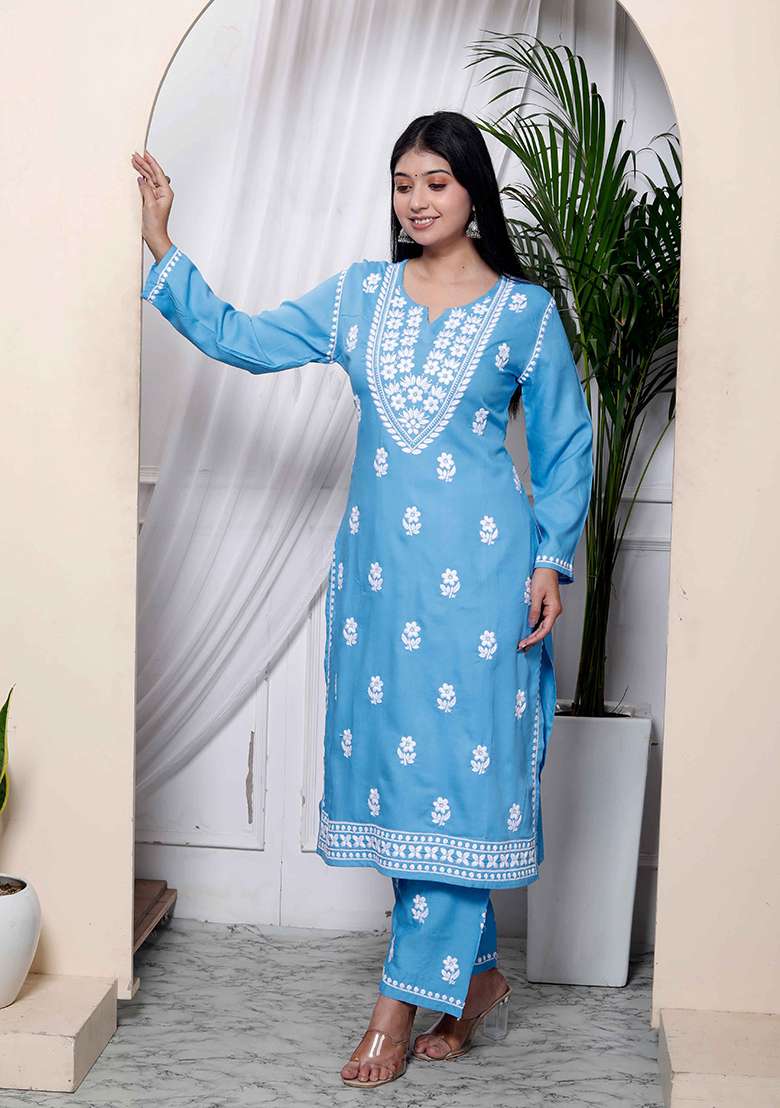 Blue Chikankari Cotton Straight Kurta Set - Indya