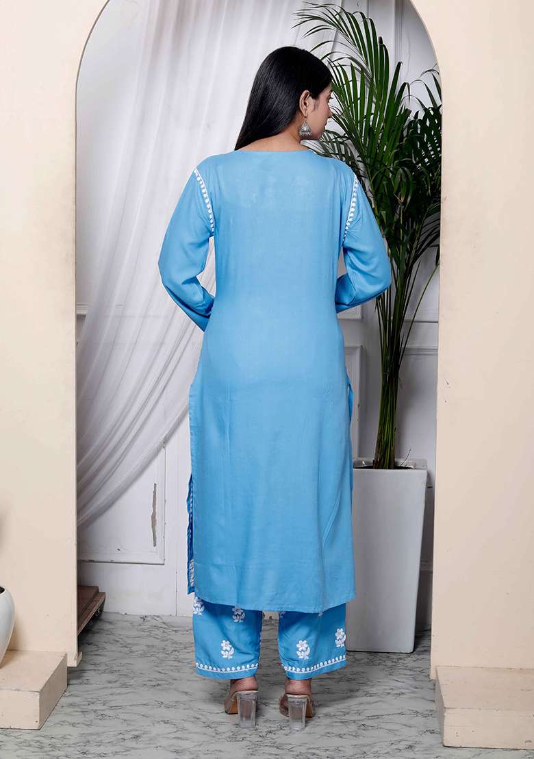 Blue Chikankari Cotton Straight Kurta Set - Indya