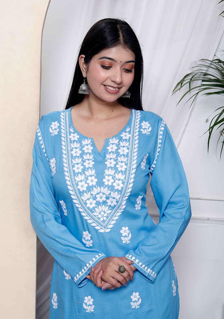 Blue Chikankari Cotton Straight Kurta Set - Indya