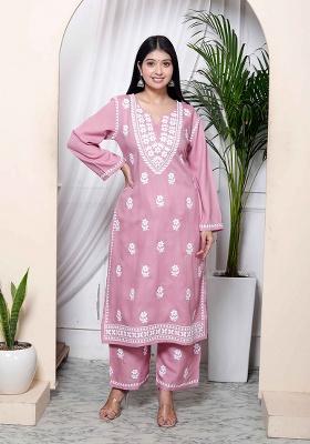 Pink Embroidery Cotton Kurta Set