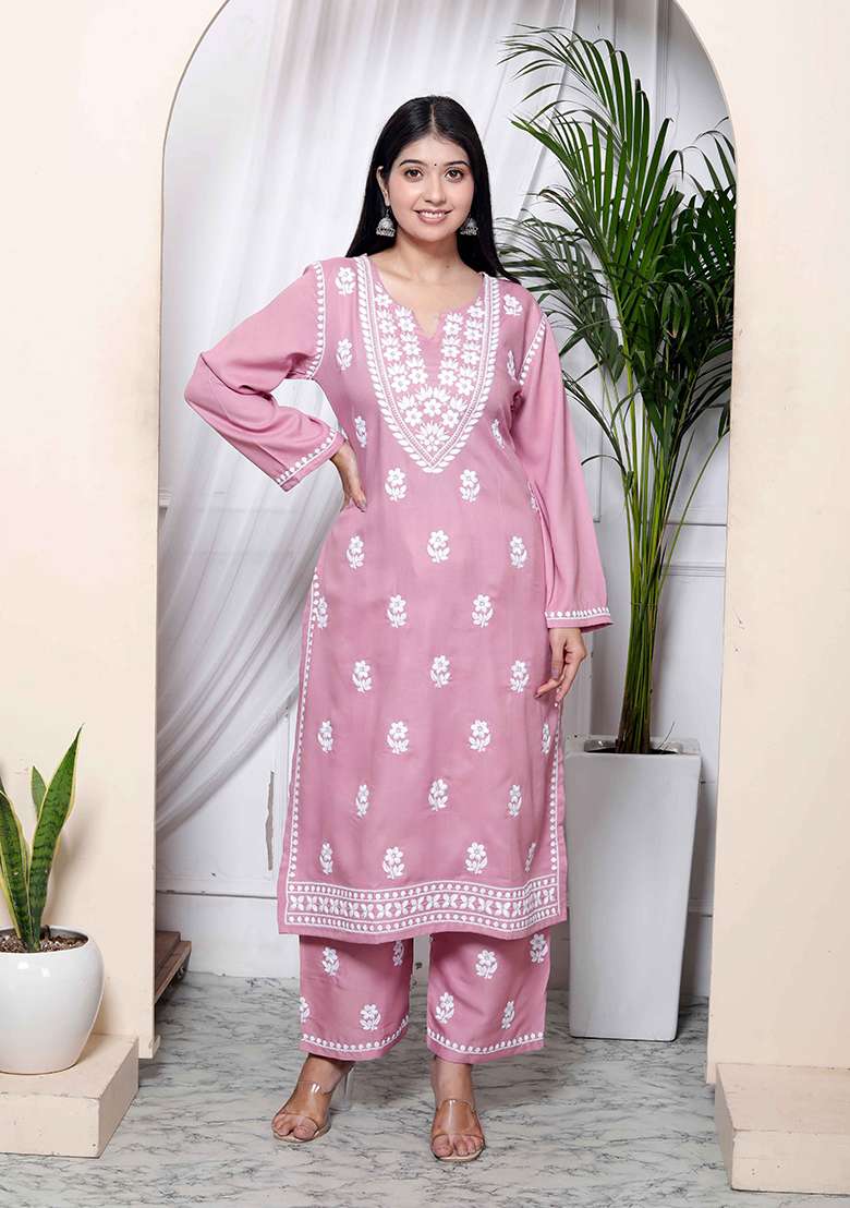 Pink Chikankari Cotton Straight Kurta Set - Indya