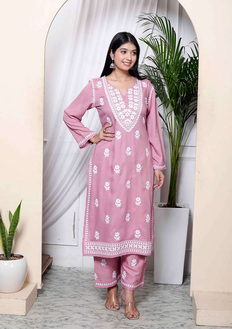 Pink Chikankari Cotton Straight Kurta Set - Indya