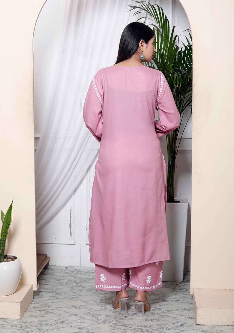 Pink Chikankari Cotton Straight Kurta Set - Indya