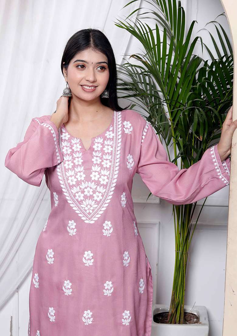 Pink Chikankari Cotton Straight Kurta Set - Indya