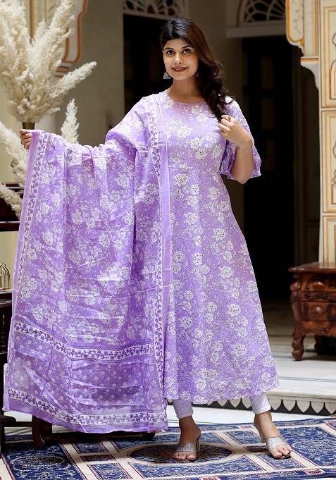 Lavender Floral Cotton Anarkali Kurta With Dupatta