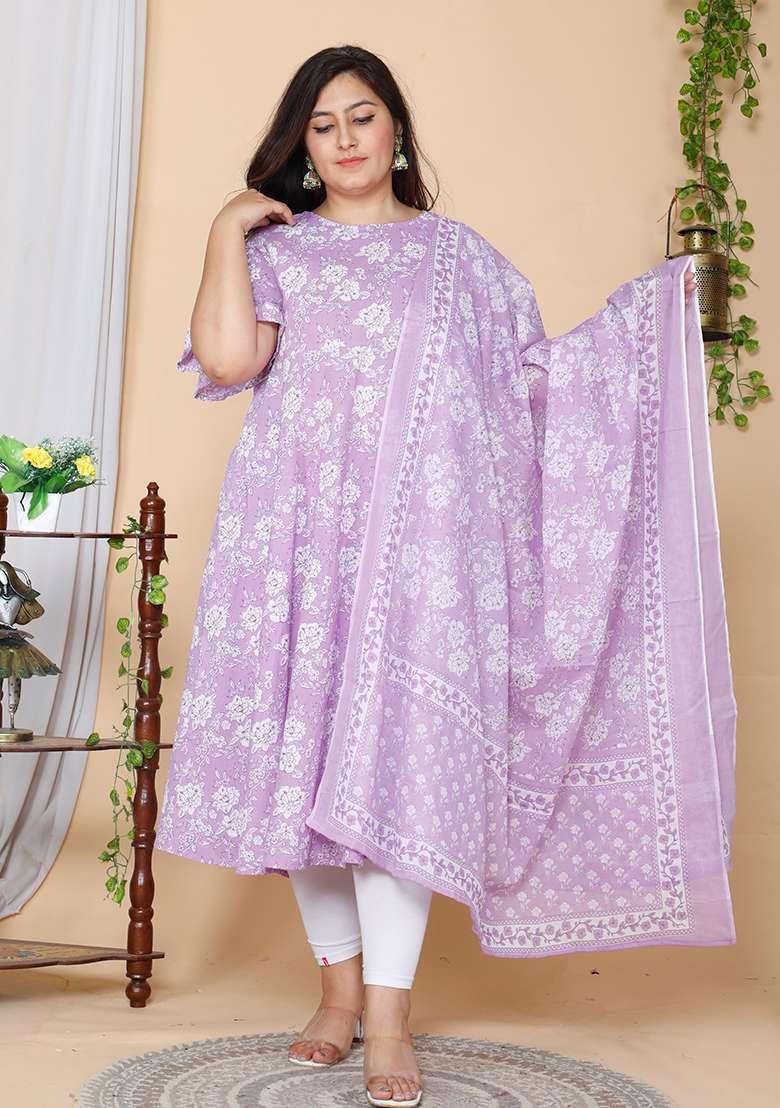 Lavender Floral Cotton Anarkali Kurta With Dupatta - Indya