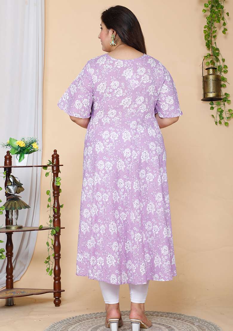 Lavender Floral Cotton Anarkali Kurta With Dupatta - Indya