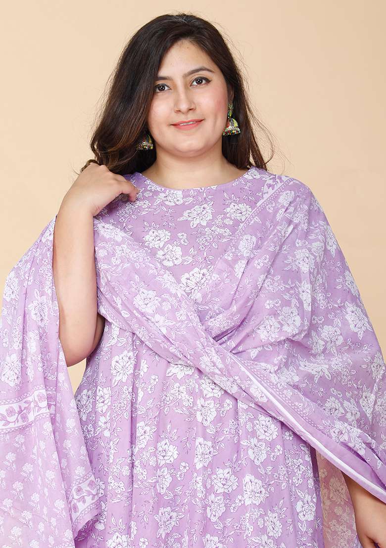 Lavender Floral Cotton Anarkali Kurta With Dupatta - Indya