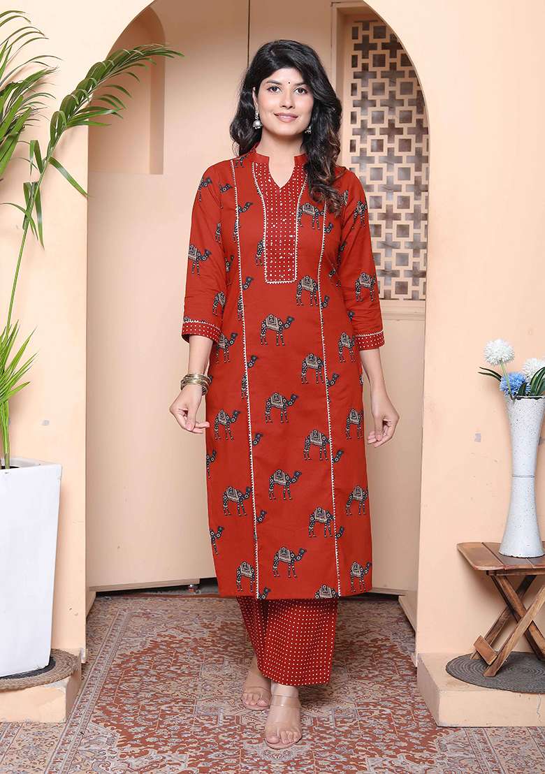 Rust Printed Cotton Straight Kurta Set - Indya