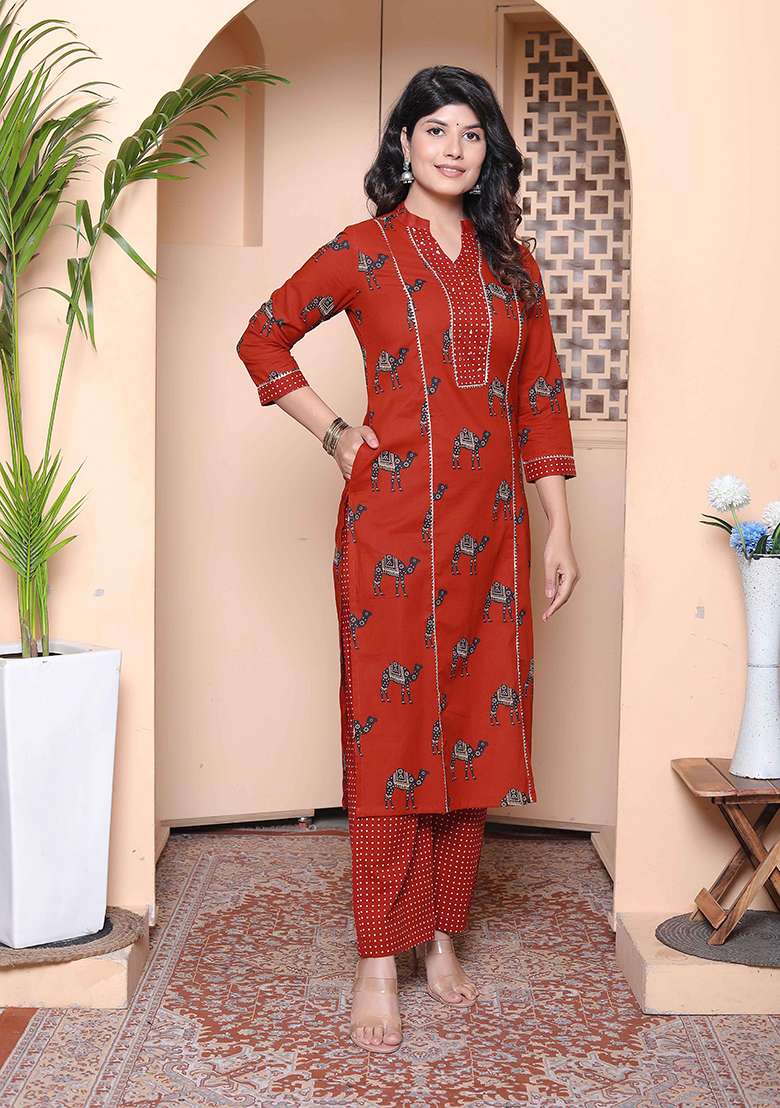 Rust Printed Cotton Straight Kurta Set - Indya