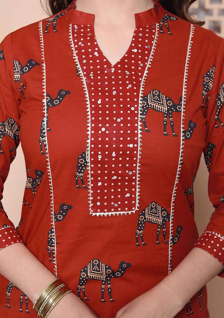 Rust Printed Cotton Straight Kurta Set - Indya