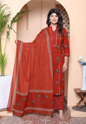 Rust Animal Print Cotton Kurta Set